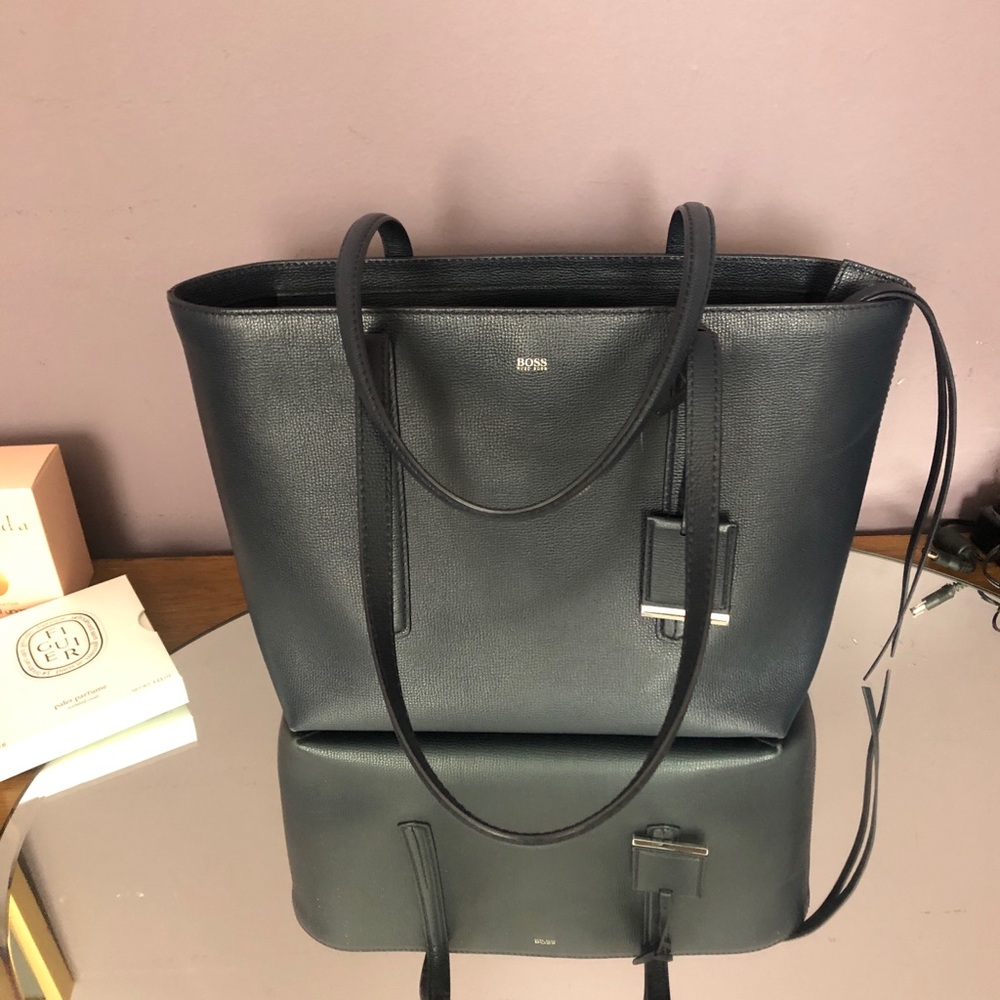 HUGO BOSS Tote Bag Purse Safino Sapphire Blue Leather Zippier Detachable Charm - Picture 7 of 12